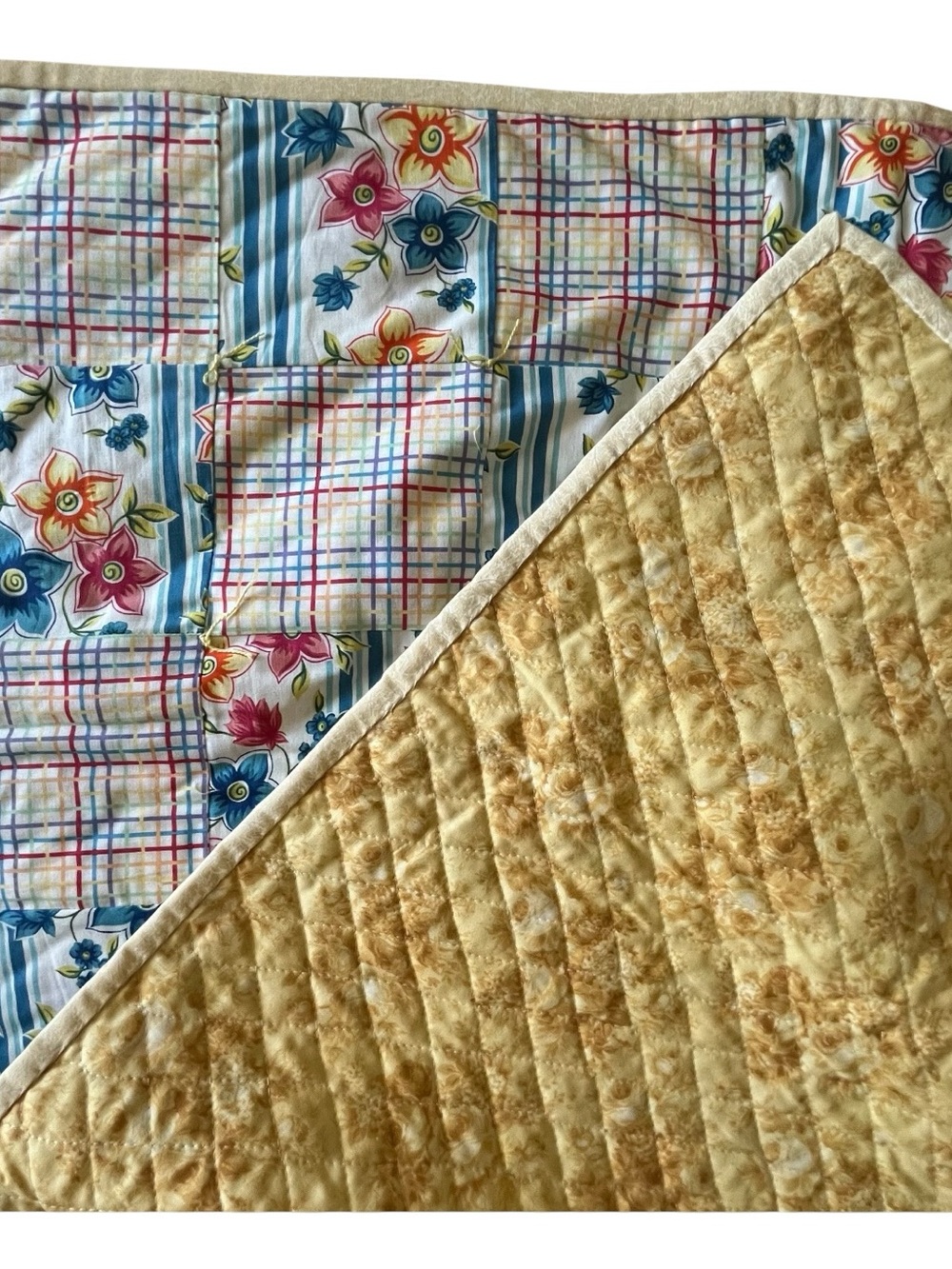 Handmade Patchwork Crib Quilt or Lap Blanket in Blue and Yellow 40” x 57” - Picture 3 of 4